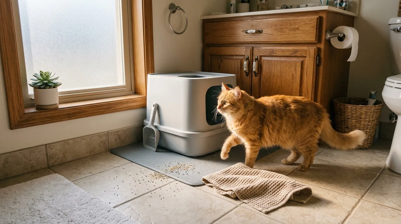 Chat roux marchant près d'une litière blanche dans une salle de bain