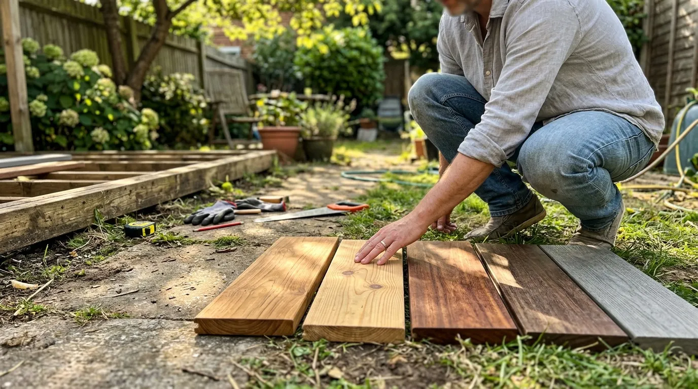 Homme installant des planches de bois pour une terrasse de jardin