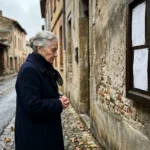 Femme senior en manteau bleu consulte affiche sur mur ancien