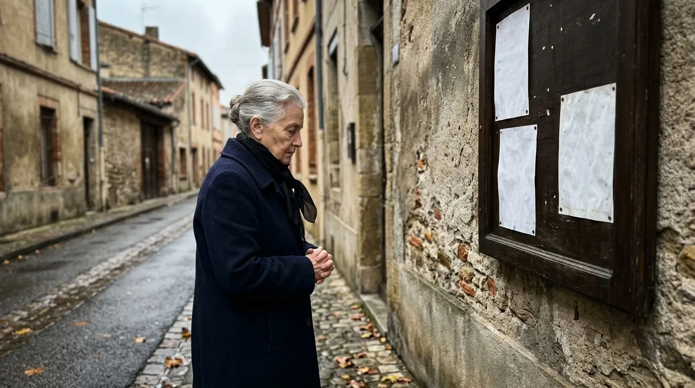 Femme senior en manteau bleu consulte affiche sur mur ancien