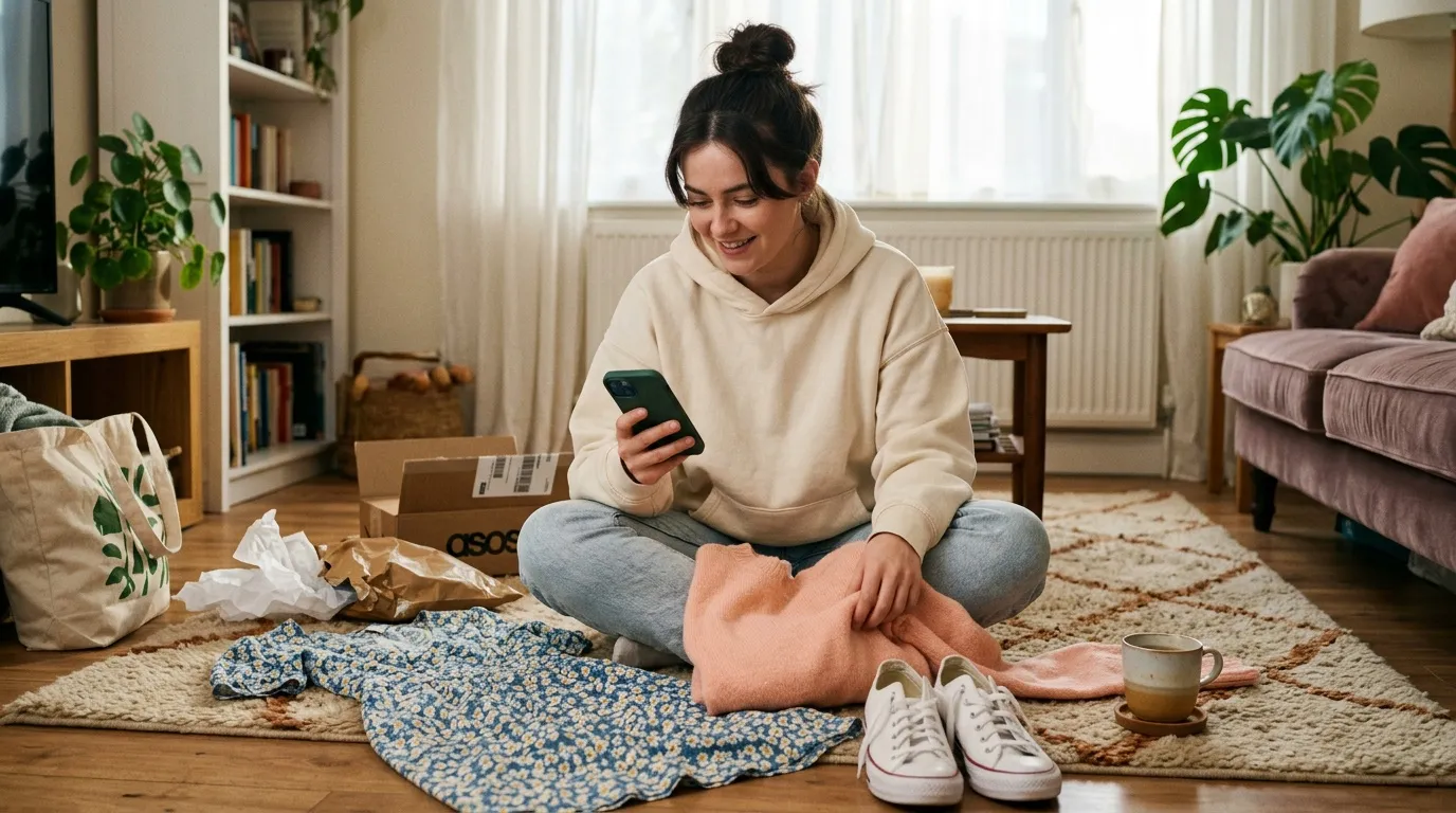 Femme souriante assise par terre avec son téléphone, entourée de colis.