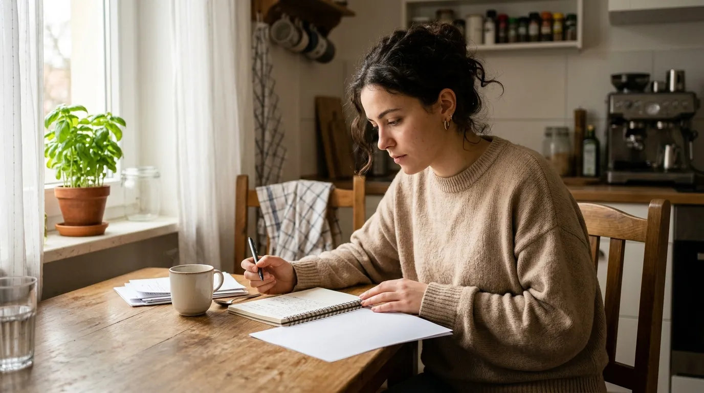 Femme en pull beige écrit dans un carnet à sa table