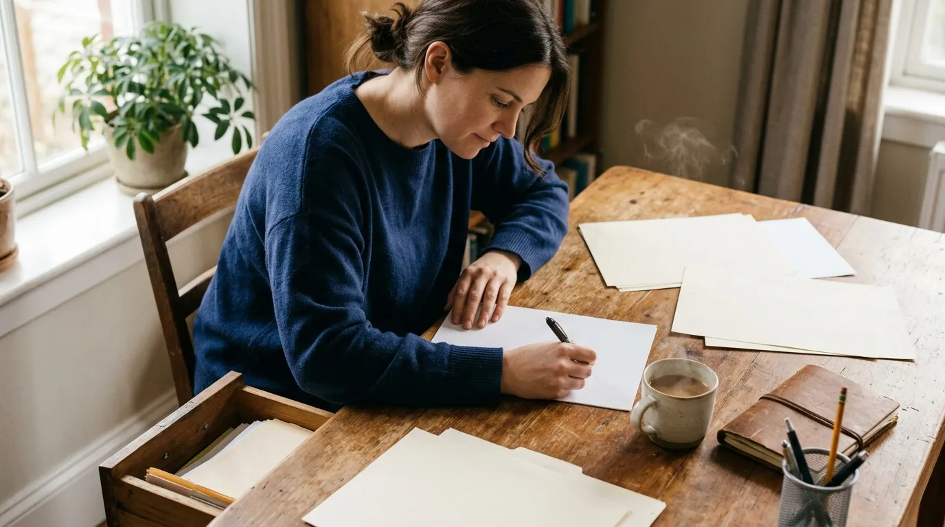 Femme en pull bleu écrit sur papier blanc à table en bois