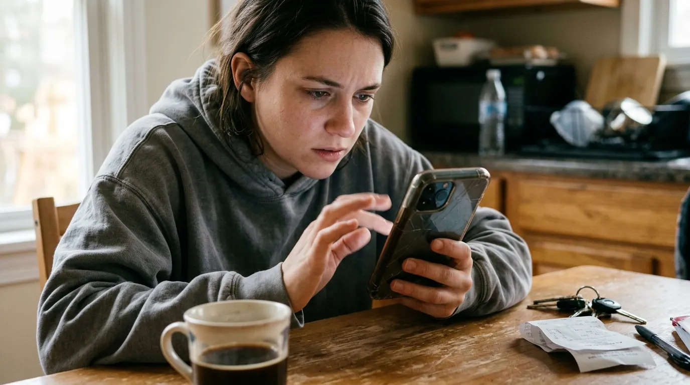 Femme assise à table regardant son téléphone avec préoccupation