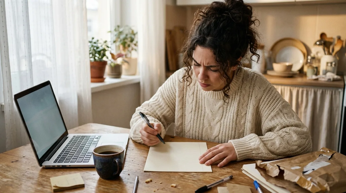 Femme écrivant à un bureau avec un ordinateur portable et café