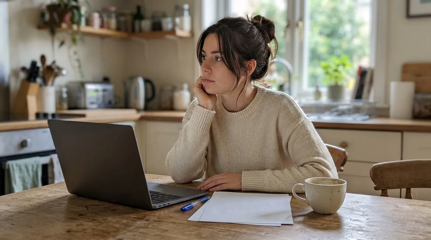 Femme réfléchissant devant son ordinateur portable en cuisine