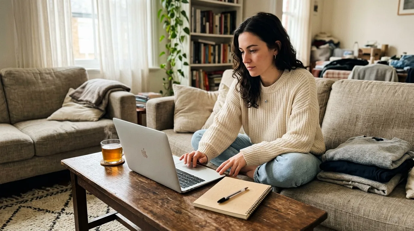 Femme assise sur un canapé travaillant sur un ordinateur portable