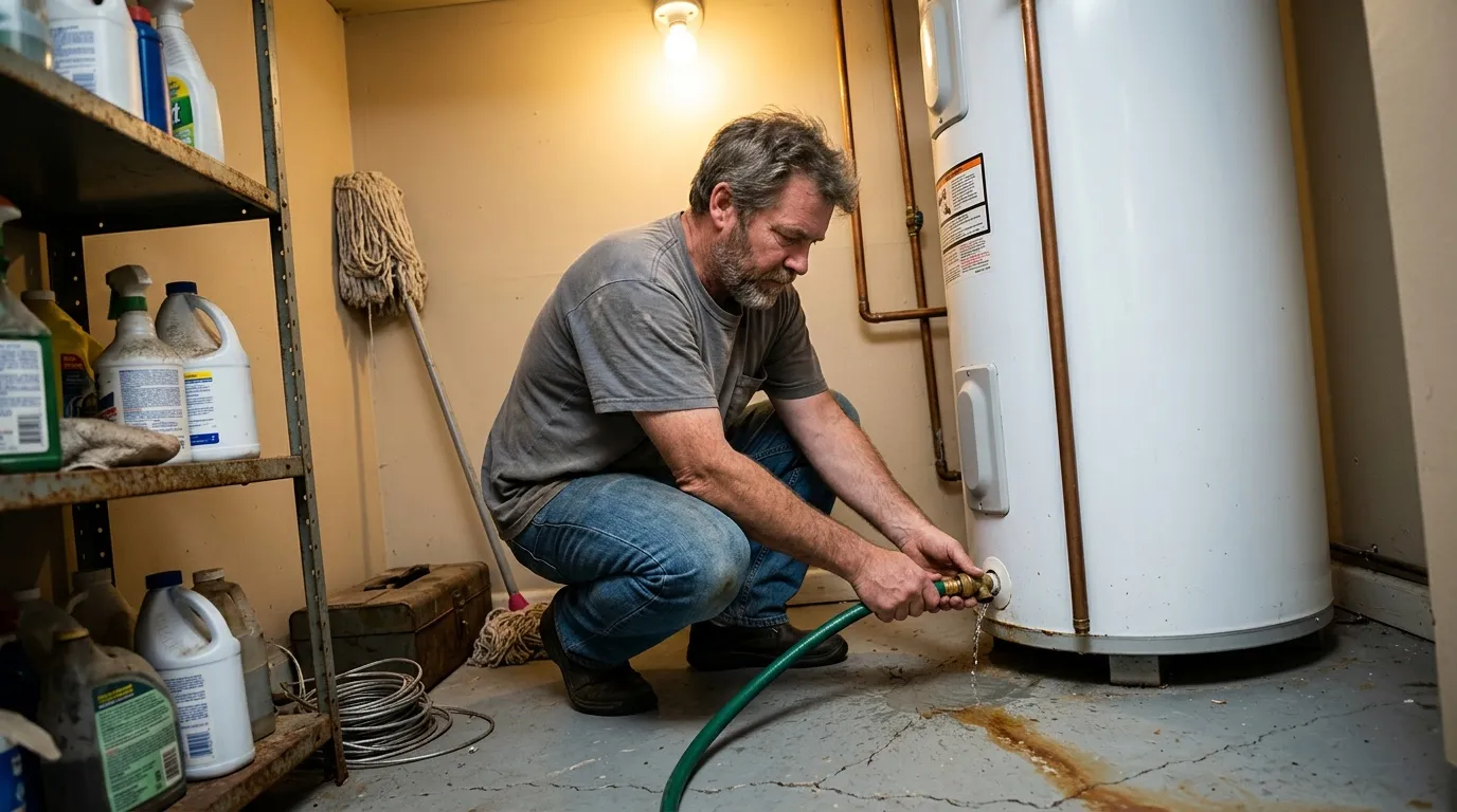 Homme réparant un chauffe-eau dans un sous-sol