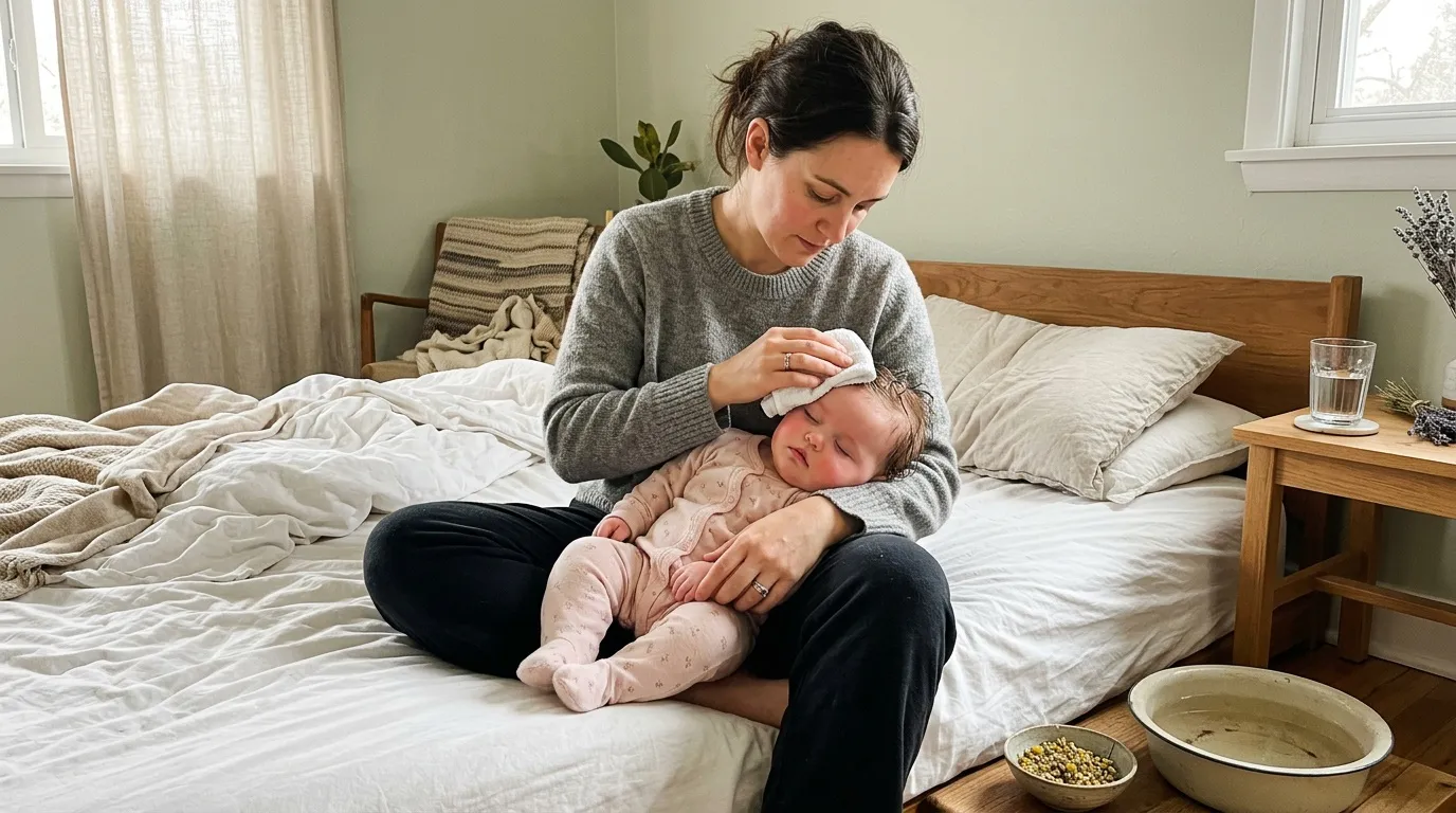 Une femme tient son bébé endormi sur un lit.