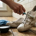Personne nettoyant une sneaker blanche avec brosse et bicarbonate