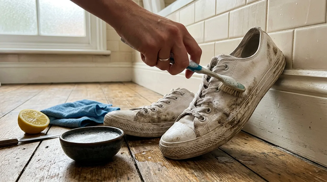 Personne nettoyant une sneaker blanche avec brosse et bicarbonate