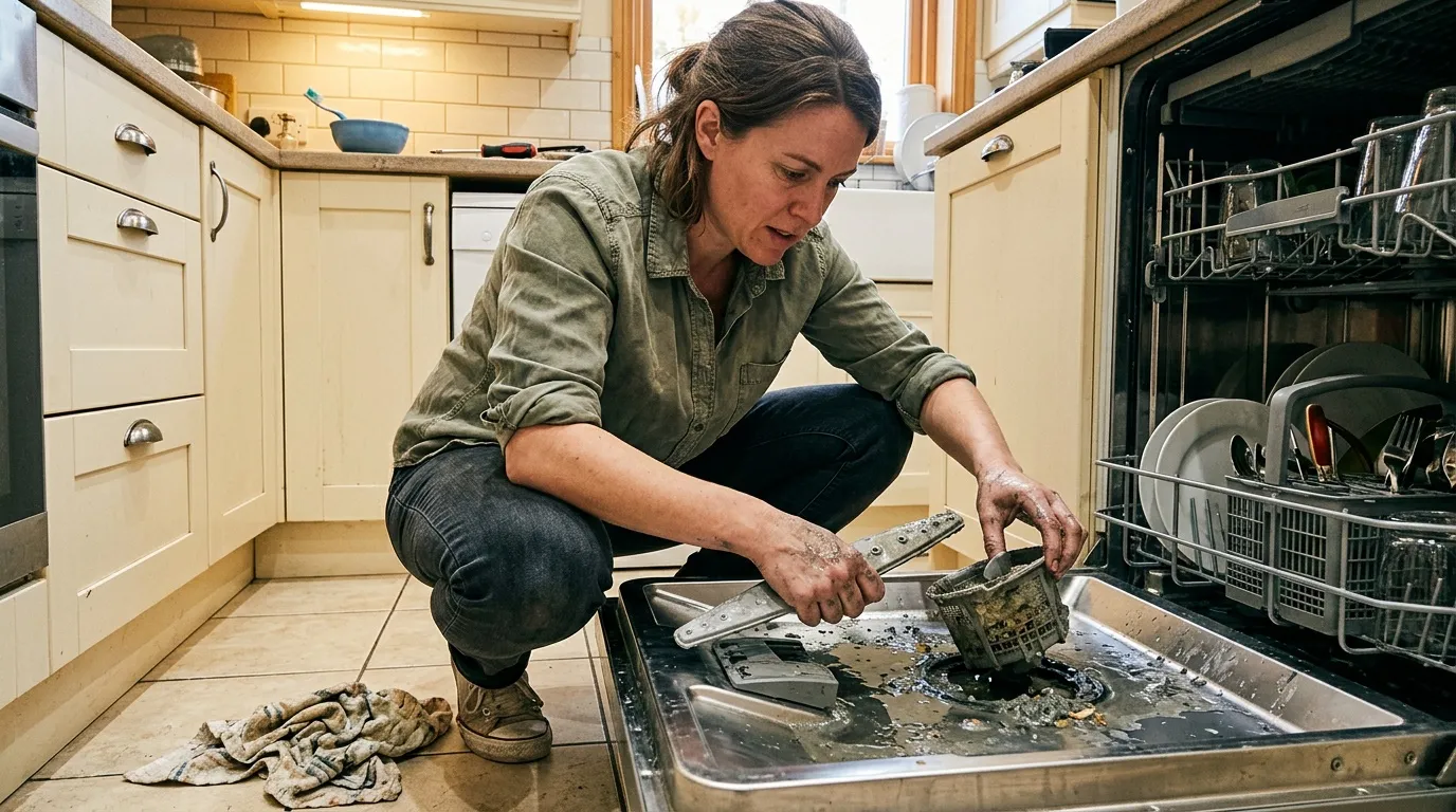 Femme nettoie le filtre sale du lave-vaisselle en cuisine