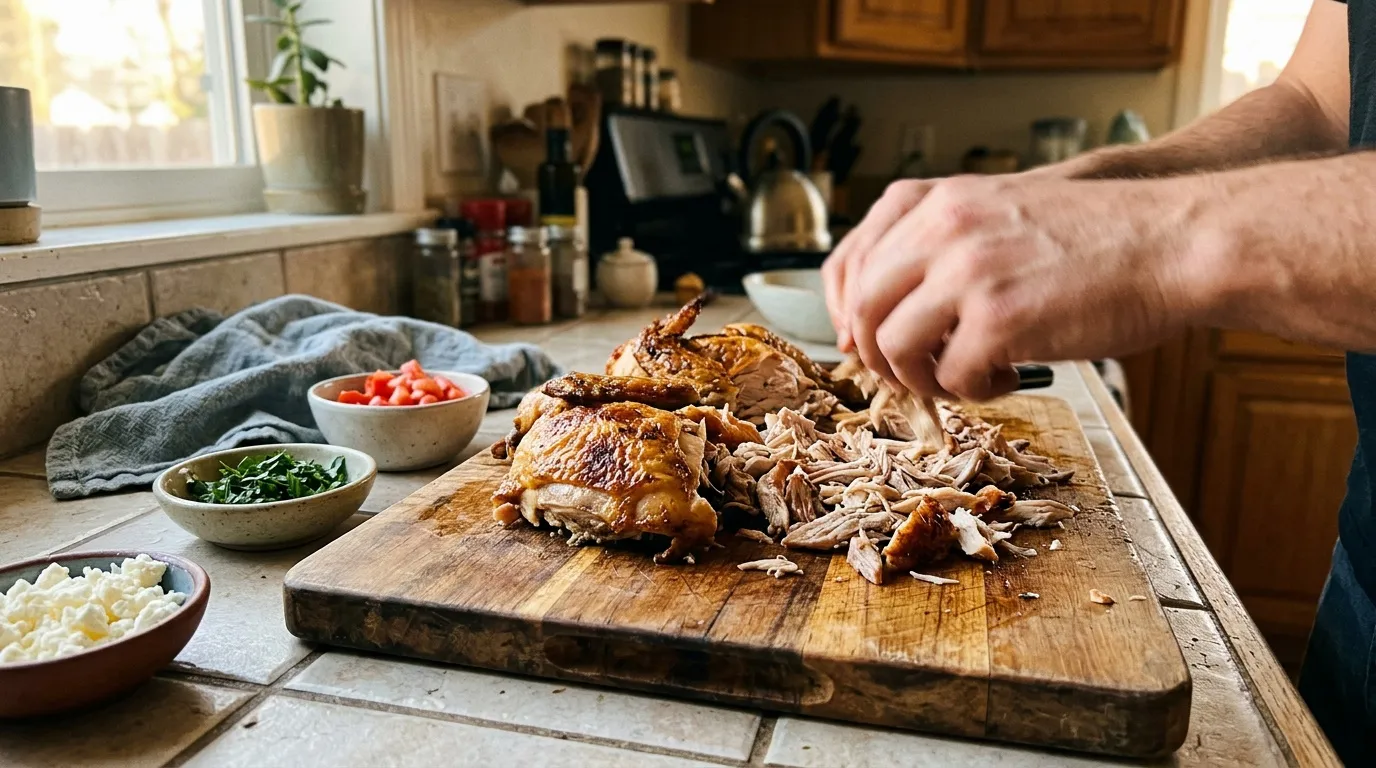 Homme déchiquetant poulet rôti dans cuisine avec ingrédients