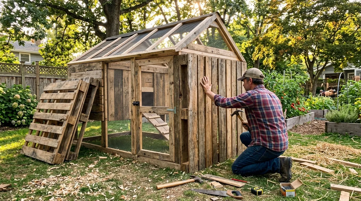 Homme réparant un poulailler rustique dans un jardin
