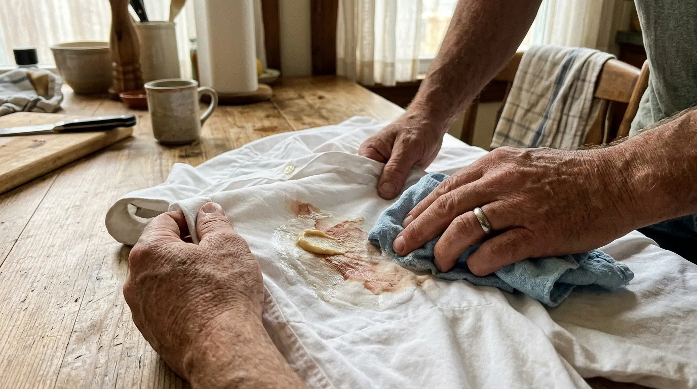 Mains d'artisan nettoyant délicatement une toile blanche tachée