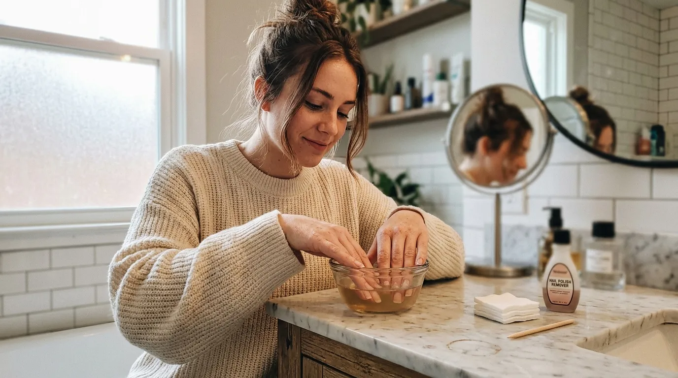 Femme appliquant vernis à ongles dans salle de bain