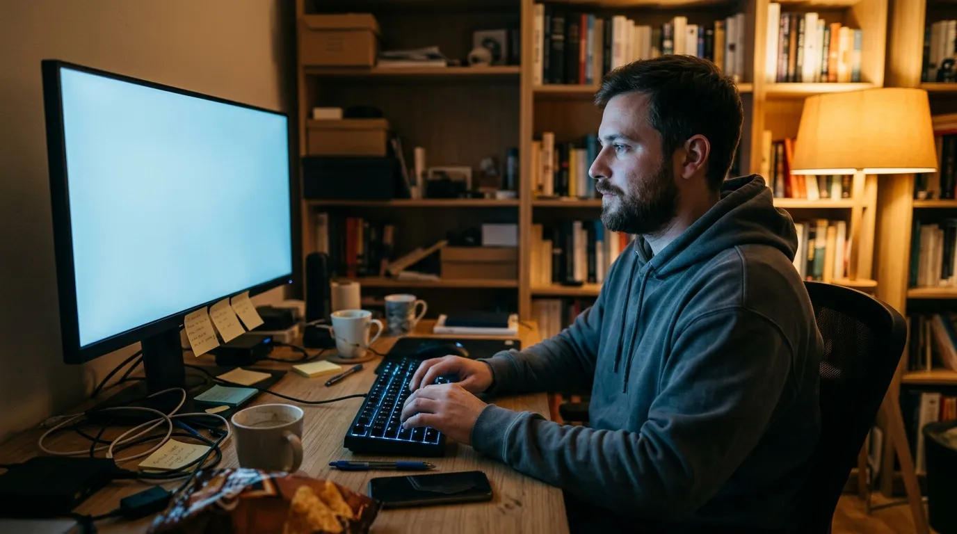Homme travaillant sur ordinateur la nuit dans son bureau